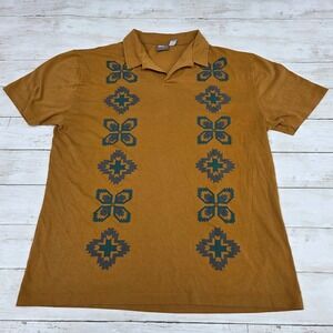 ASOS Polo Shirt Women Large Mustard Brown Geometric Aztec Print V-Neck SS